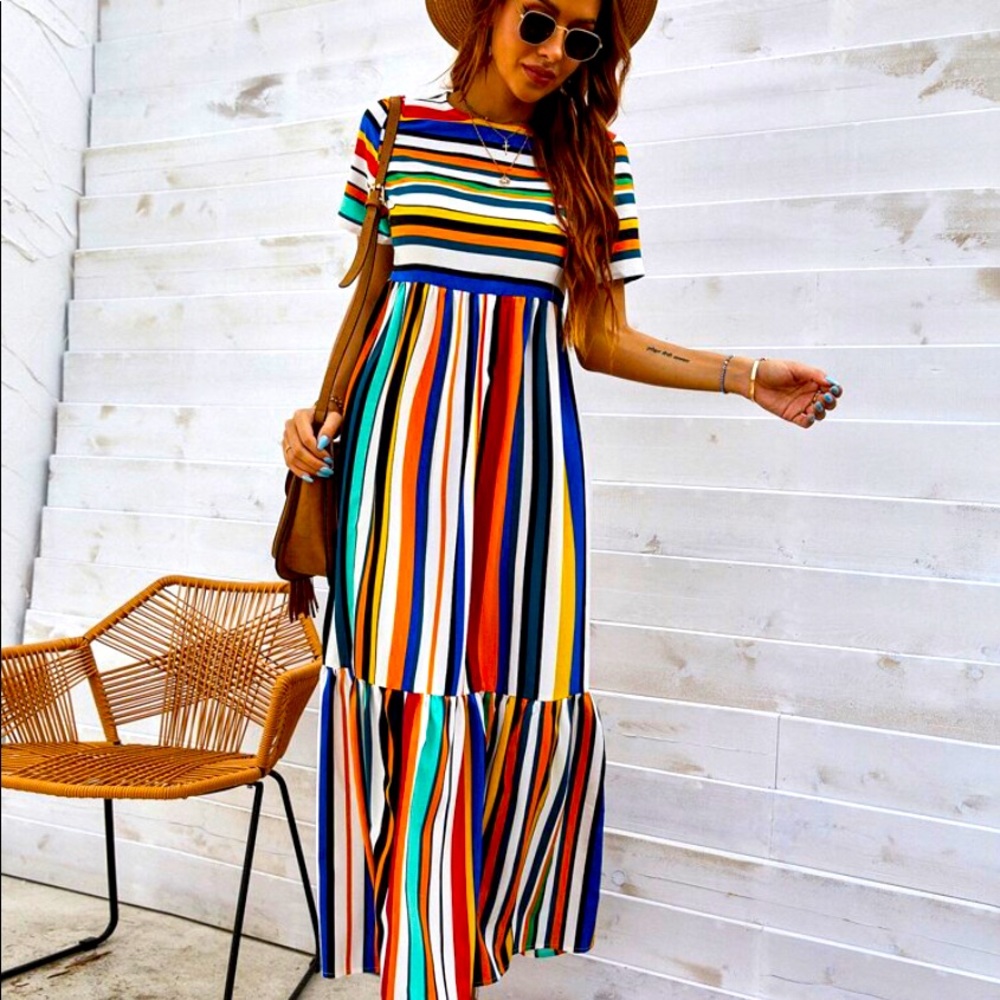 🎉NWT Stripped Rainbow 🌈 Maxi Dress, Sundress, Long, Boho Dress, Chic Dress